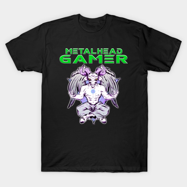 Metalhead Gamer Baphomet Meditate Green T-Shirt by Shawnsonart